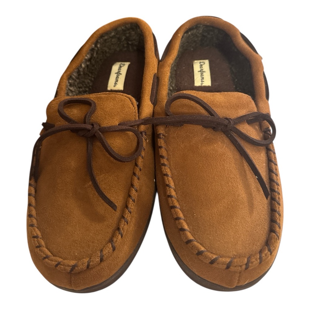 Men’s Deer Stags Suede Moccasin Slippers Small 7-8 Camel Fleece Lined